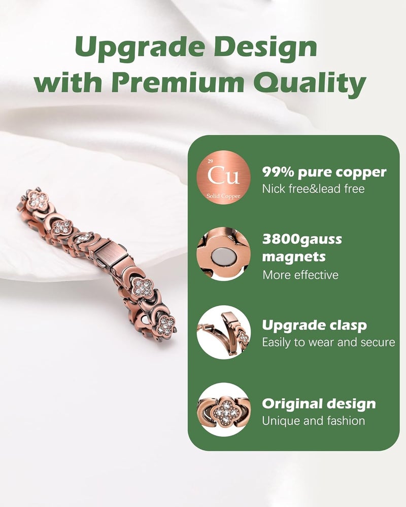Jeracol Copper Bracelets & Ring for Women, Ultra Strength Magnetic Bracelet with 3800 Gauss Magnets & Sparkling Cubic Zirconia, Pure Copper Clover Jewelry - Image 3